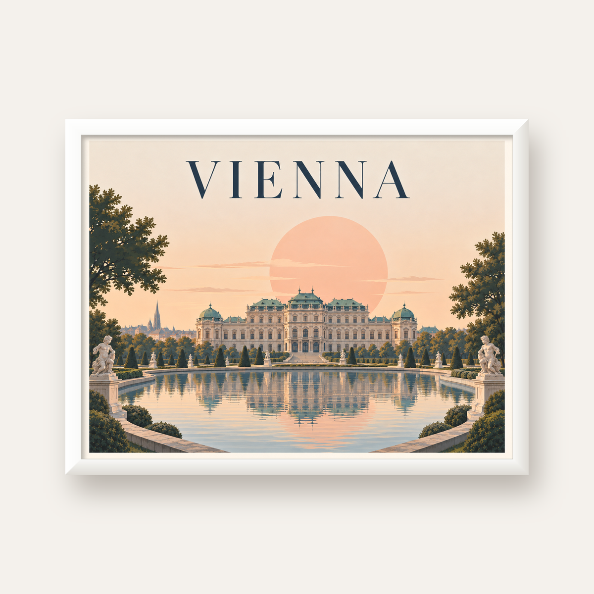 Viyana Saray Manzarası Pastel Poster – Dijital İllüstrasyon — beyaz çerçeveli yatay poster