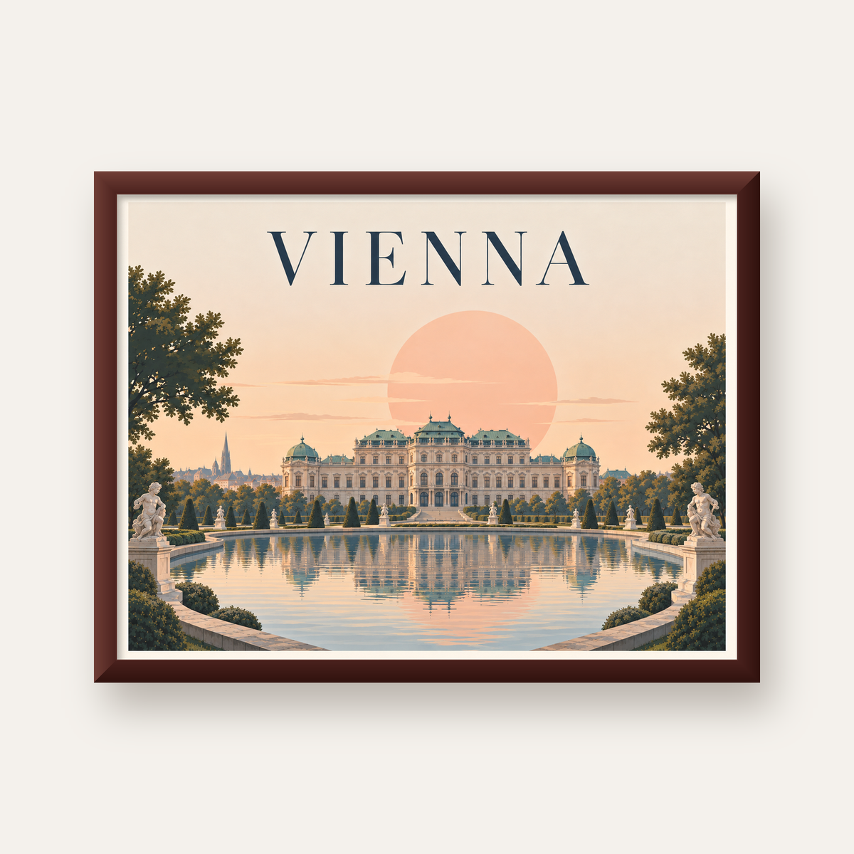 Viyana Saray Manzarası Pastel Poster – Dijital İllüstrasyon — ceviz çerçeveli