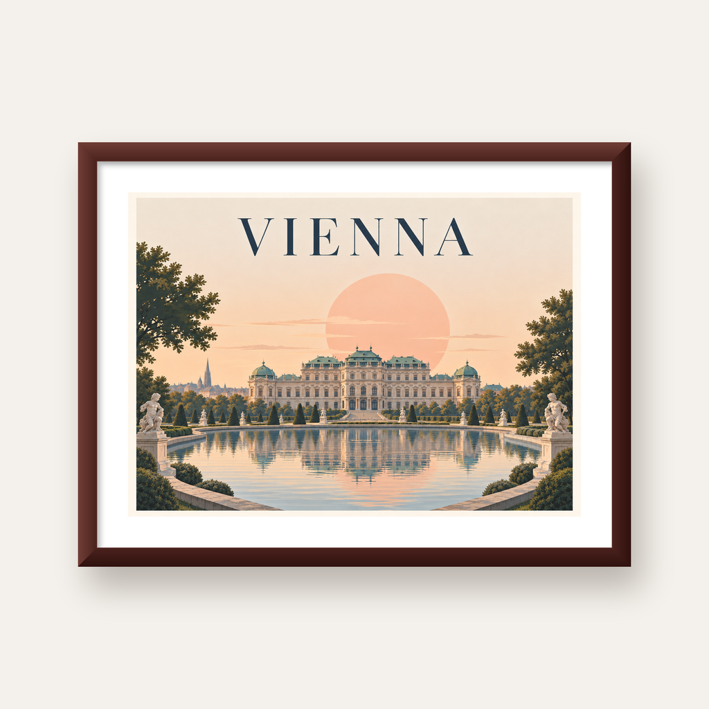 Viyana Saray Manzarası Pastel Poster – Dijital İllüstrasyon — ceviz çerçeveli paspartulu