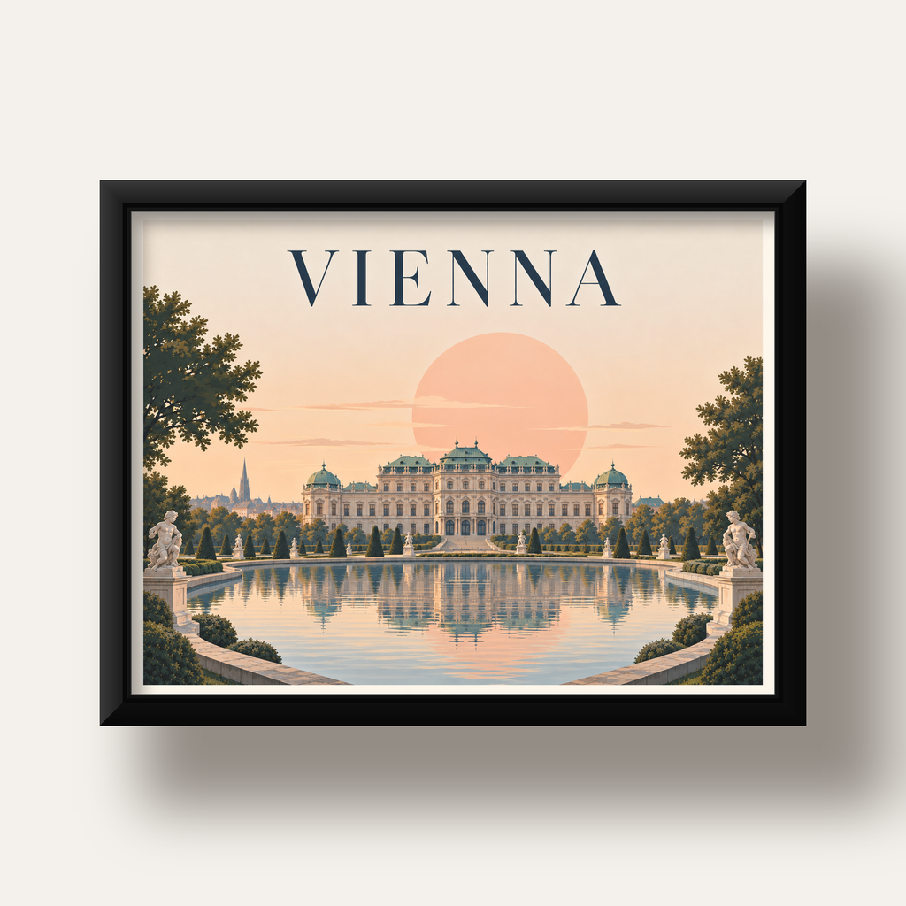 Viyana Saray Manzarası Pastel Poster – Dijital İllüstrasyon — siyah derin çerçeveli