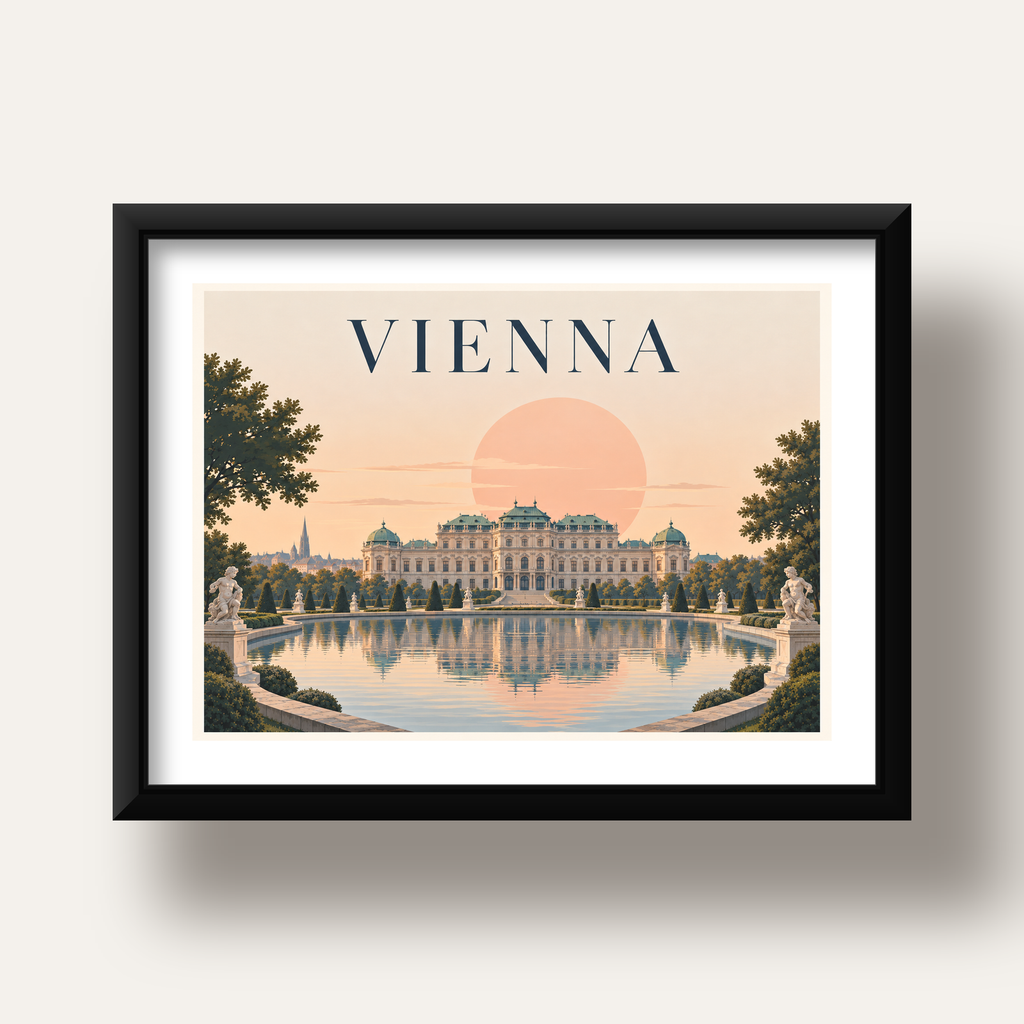 Viyana Saray Manzarası Pastel Poster – Dijital İllüstrasyon — siyah derin çerçeveli paspartulu