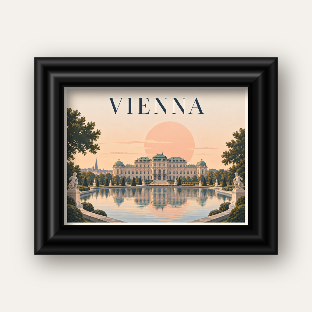 Viyana Saray Manzarası Pastel Poster – Dijital İllüstrasyon — siyah galeri çerçeveli