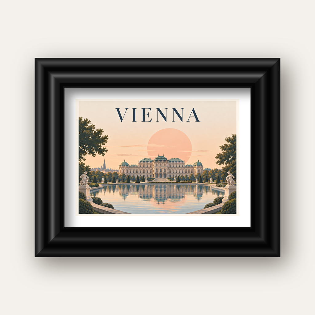 Viyana Saray Manzarası Pastel Poster – Dijital İllüstrasyon — siyah galeri çerçeveli paspartulu