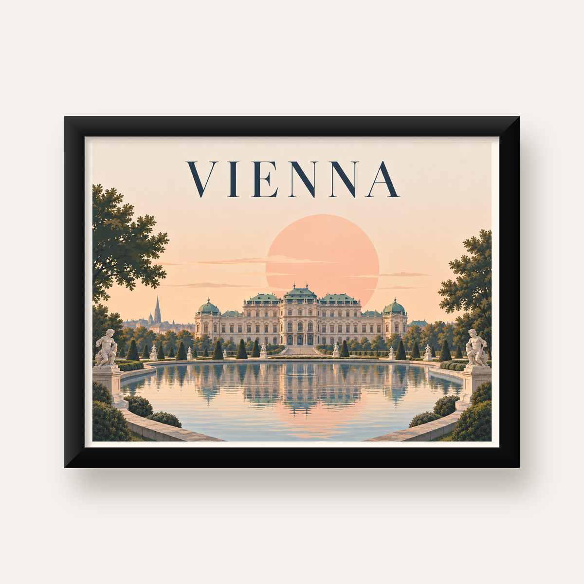 Viyana Saray Manzarası Pastel Poster – Dijital İllüstrasyon — Yatay baskı, düz siyah çerçeveli duvar posteri