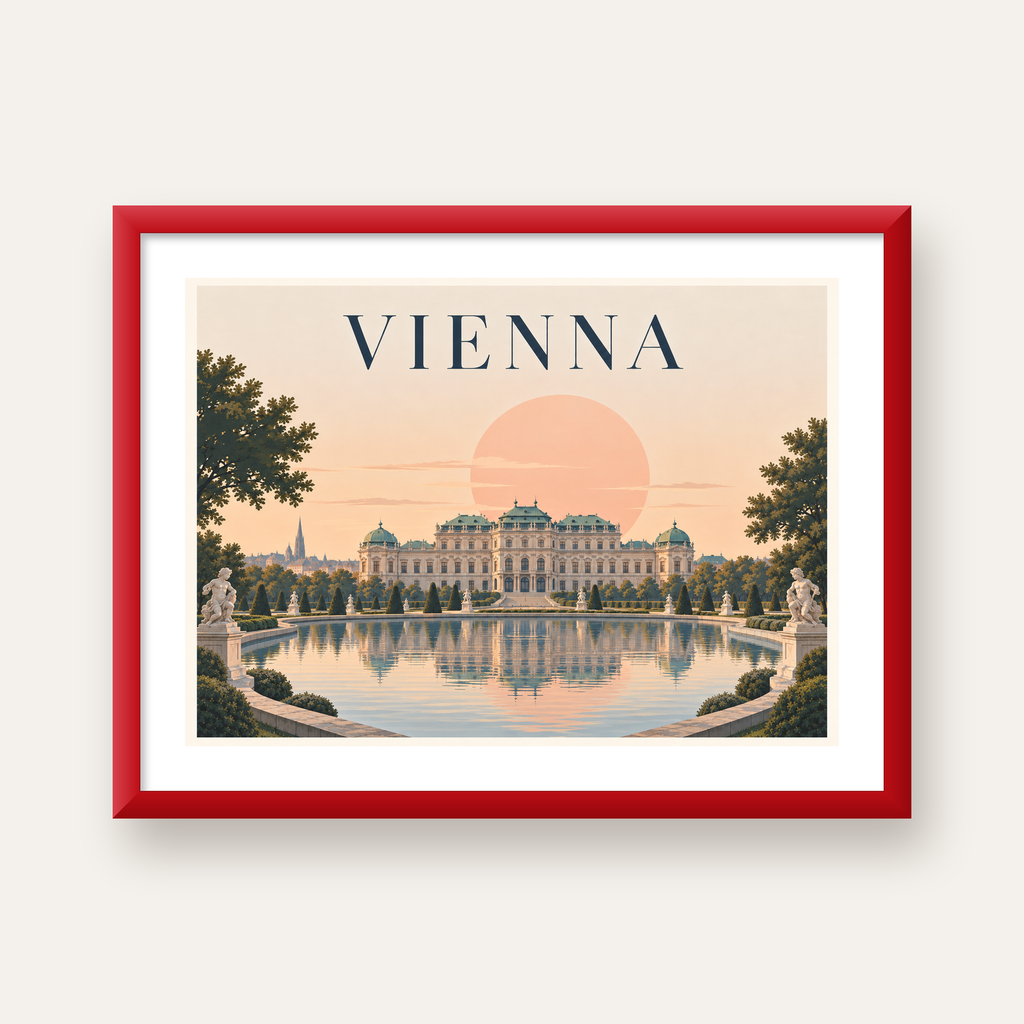 Viyana Saray Manzarası Pastel Poster – Dijital İllüstrasyon — kırmızı çerçeveli paspartulu