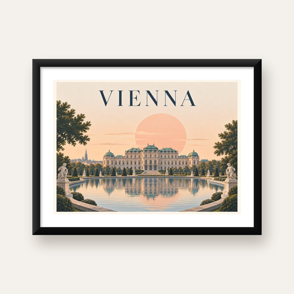 Viyana Saray Manzarası Pastel Poster – Dijital İllüstrasyon — Yatay baskı, beyaz paspartulu