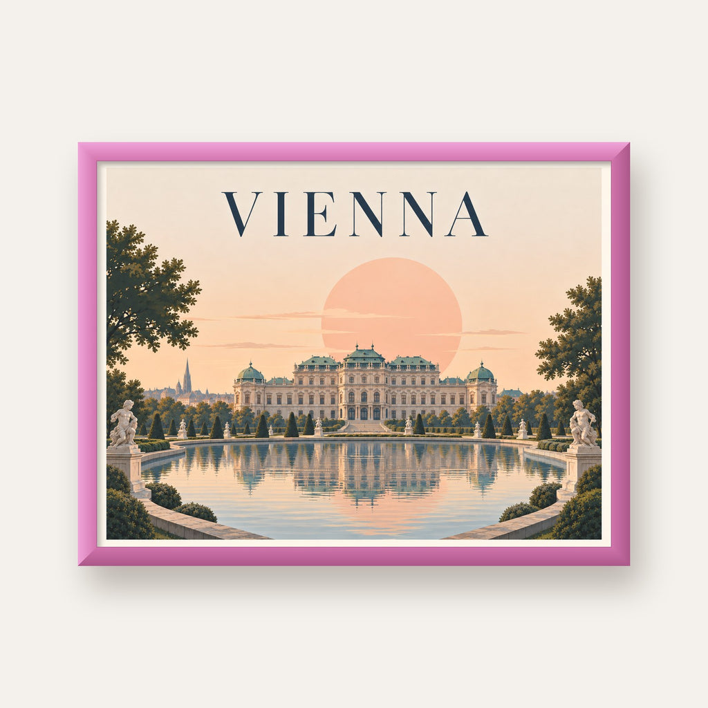 Viyana Saray Manzarası Pastel Poster – Dijital İllüstrasyon — pembe çerçeveli