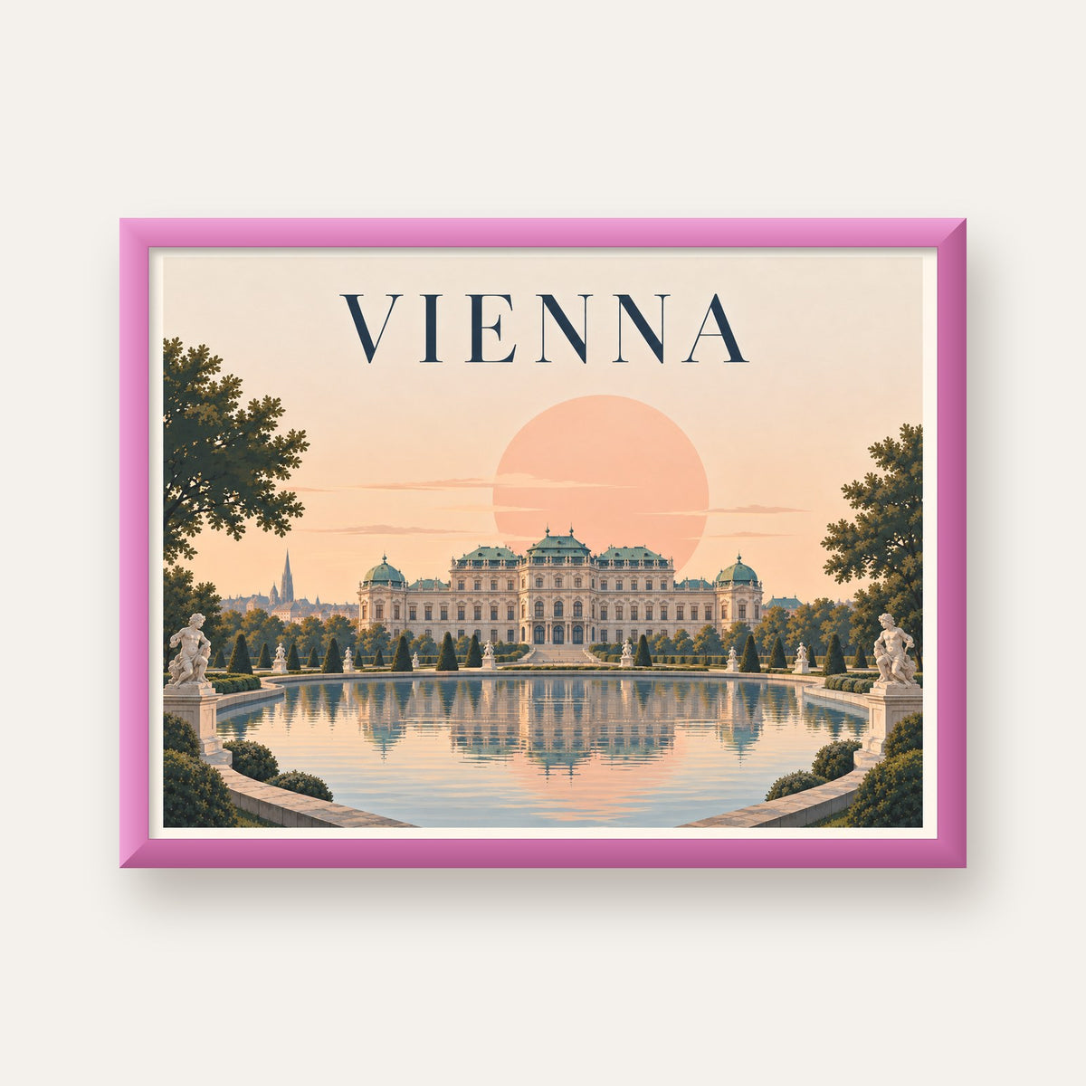 Viyana Saray Manzarası Pastel Poster – Dijital İllüstrasyon — pembe çerçeveli