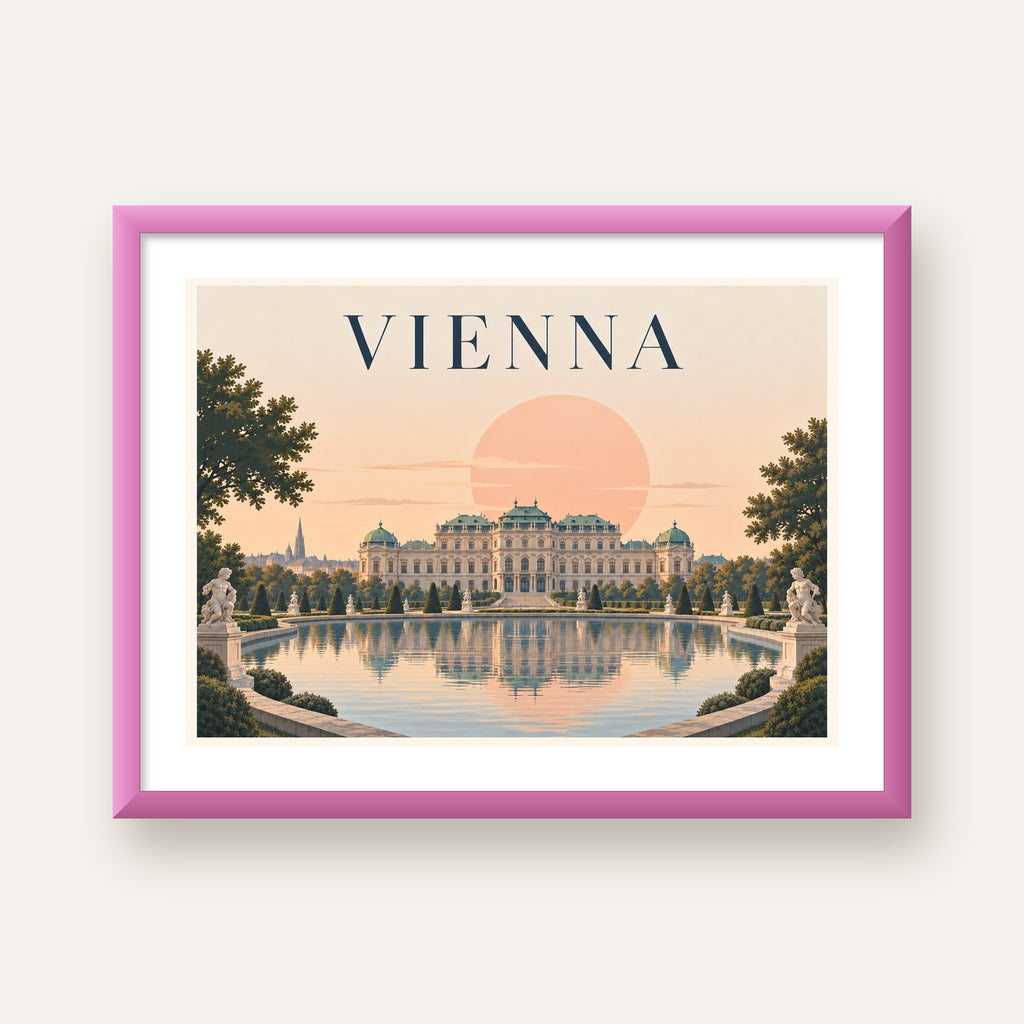 Viyana Saray Manzarası Pastel Poster – Dijital İllüstrasyon — pembe çerçeveli paspartulu
