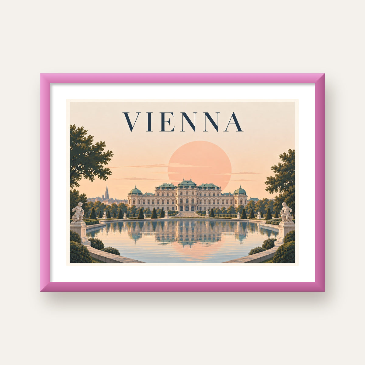 Viyana Saray Manzarası Pastel Poster – Dijital İllüstrasyon — pembe çerçeveli paspartulu