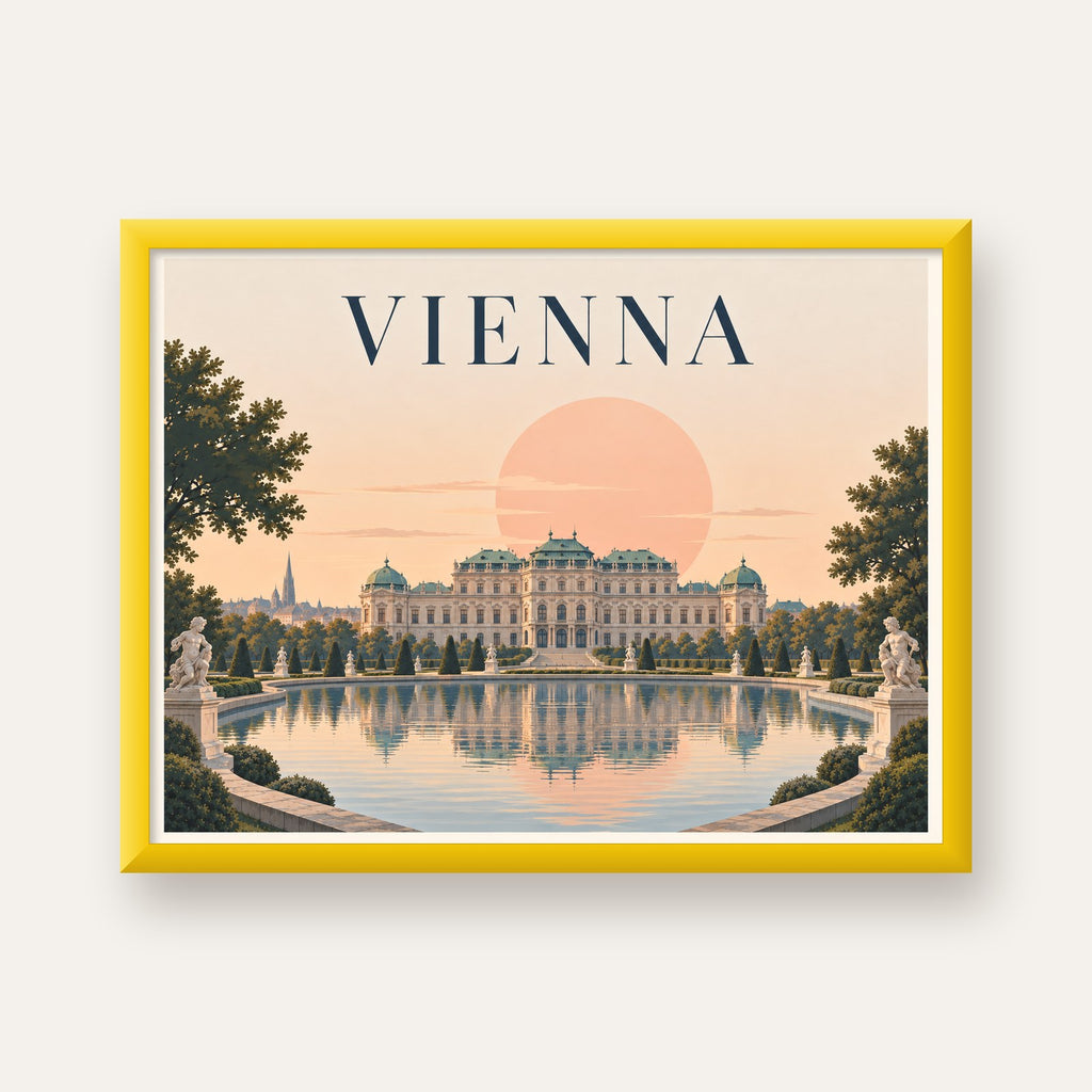 Viyana Saray Manzarası Pastel Poster – Dijital İllüstrasyon — sarı çerçeveli