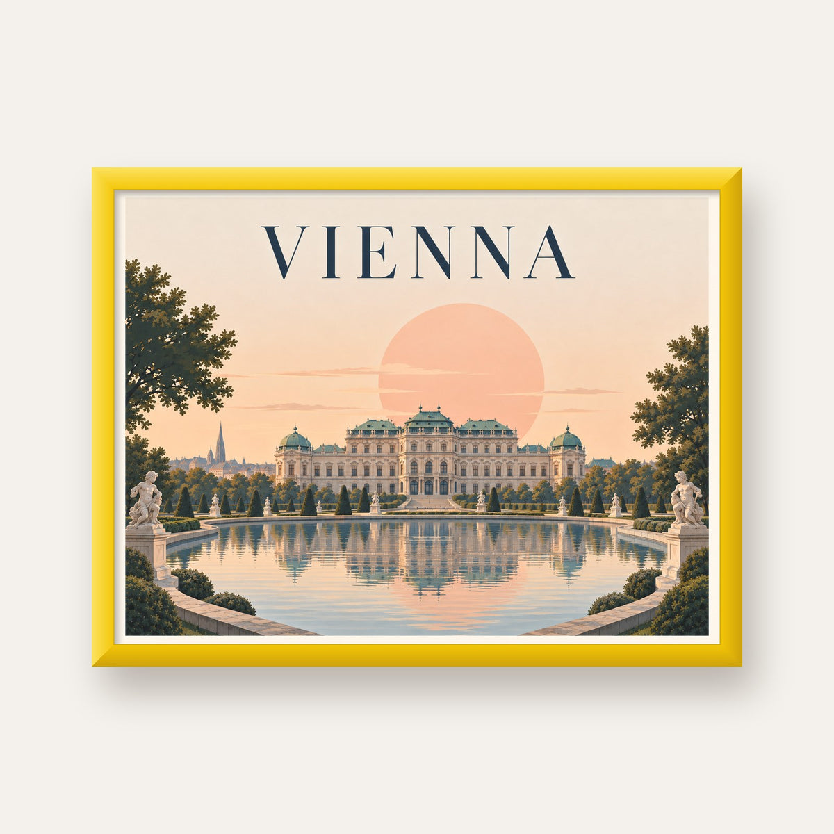 Viyana Saray Manzarası Pastel Poster – Dijital İllüstrasyon — sarı çerçeveli