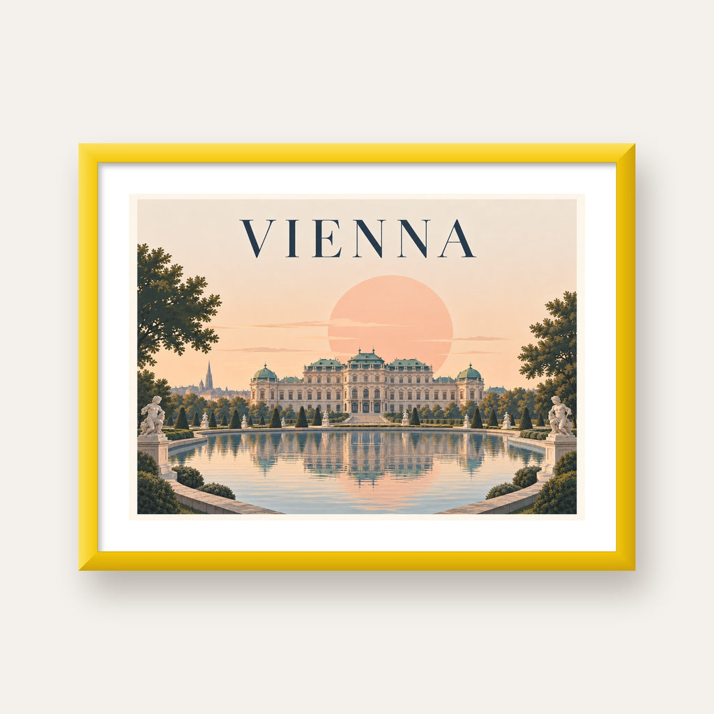 Viyana Saray Manzarası Pastel Poster – Dijital İllüstrasyon — sarı çerçeveli paspartulu
