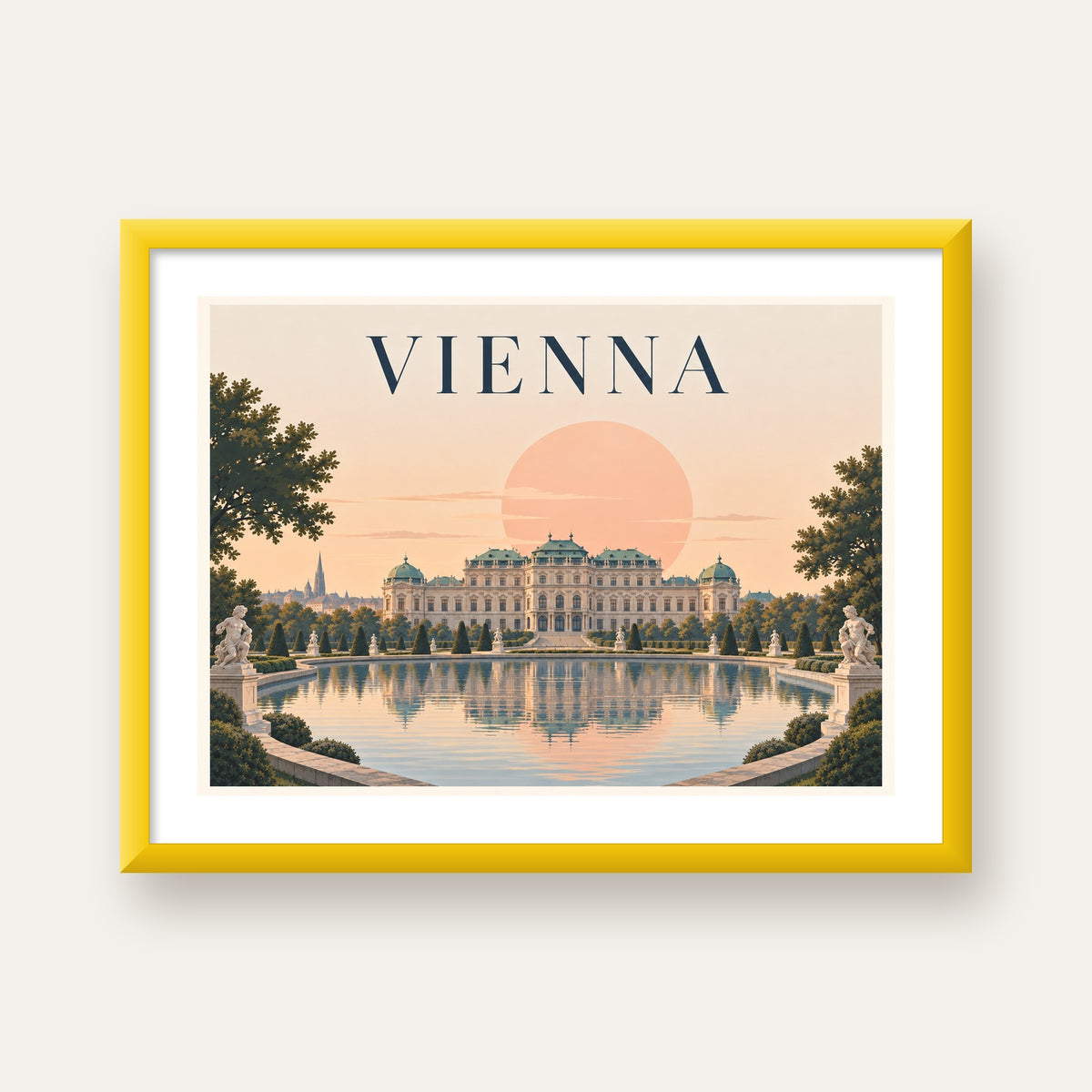 Viyana Saray Manzarası Pastel Poster – Dijital İllüstrasyon — sarı çerçeveli paspartulu