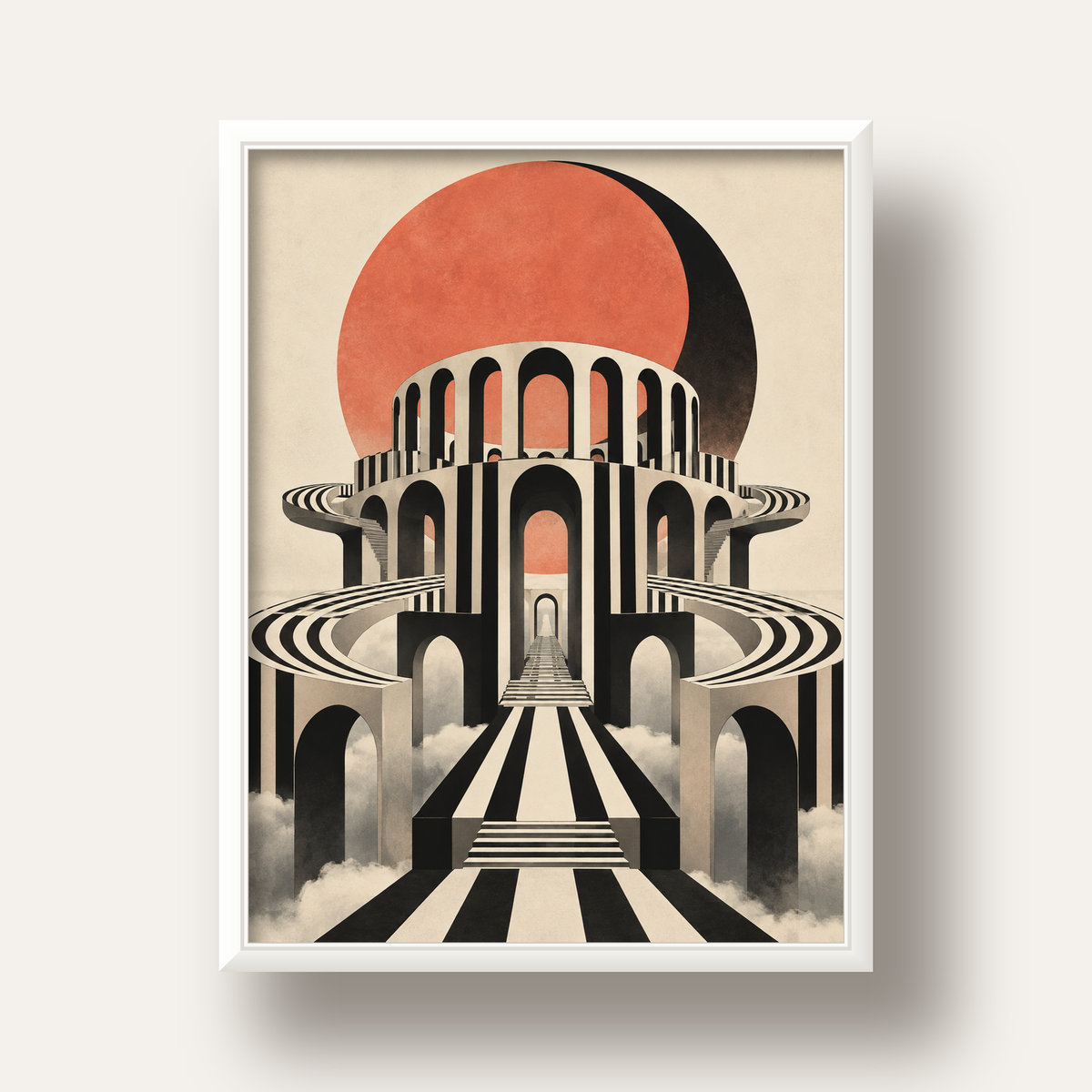 Soyut Mimari & Turuncu Güneş Dijital Sanat Poster — beyaz derin çerçeveli
