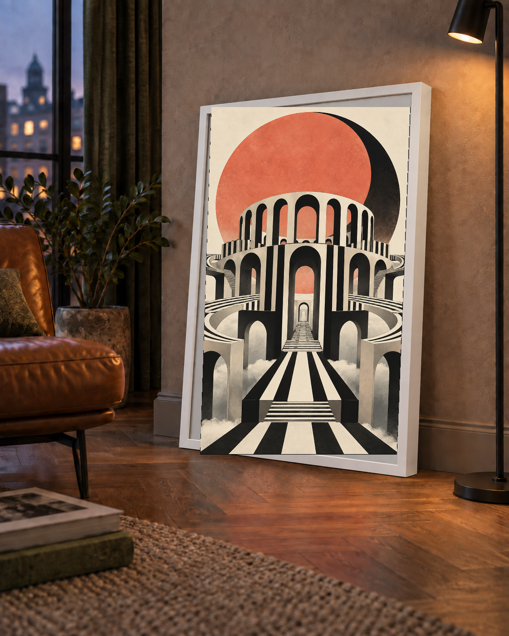 Soyut Mimari & Turuncu Güneş Dijital Sanat Poster