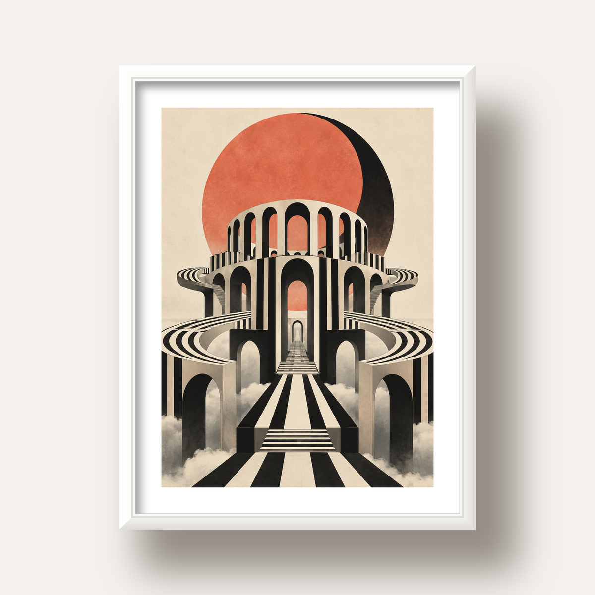 Soyut Mimari & Turuncu Güneş Dijital Sanat Poster — beyaz derin çerçeveli paspartulu