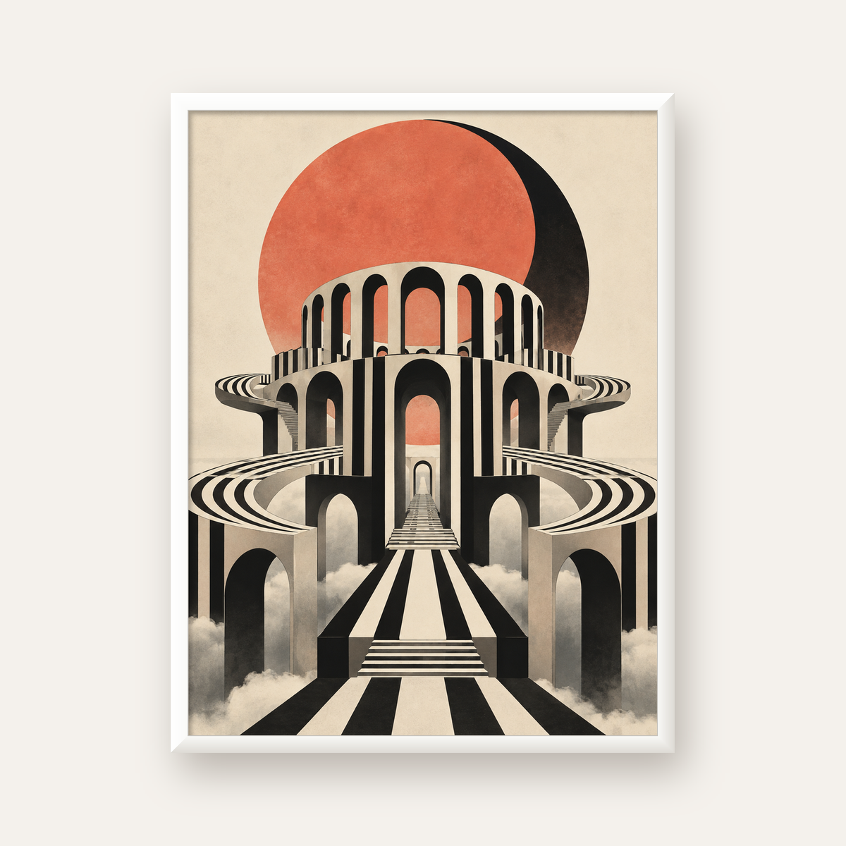 Soyut Mimari & Turuncu Güneş Dijital Sanat Poster — beyaz çerçeveli dikey poster