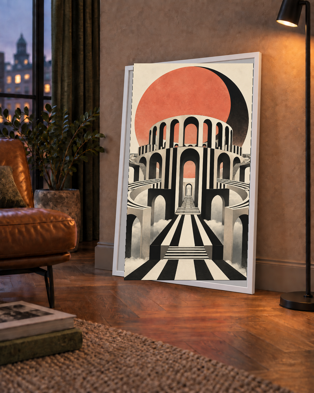 Soyut Mimari & Turuncu Güneş Dijital Sanat Poster
