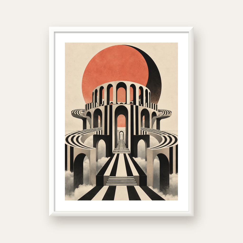 Soyut Mimari & Turuncu Güneş Dijital Sanat Poster — beyaz çerçeveli dikey poster