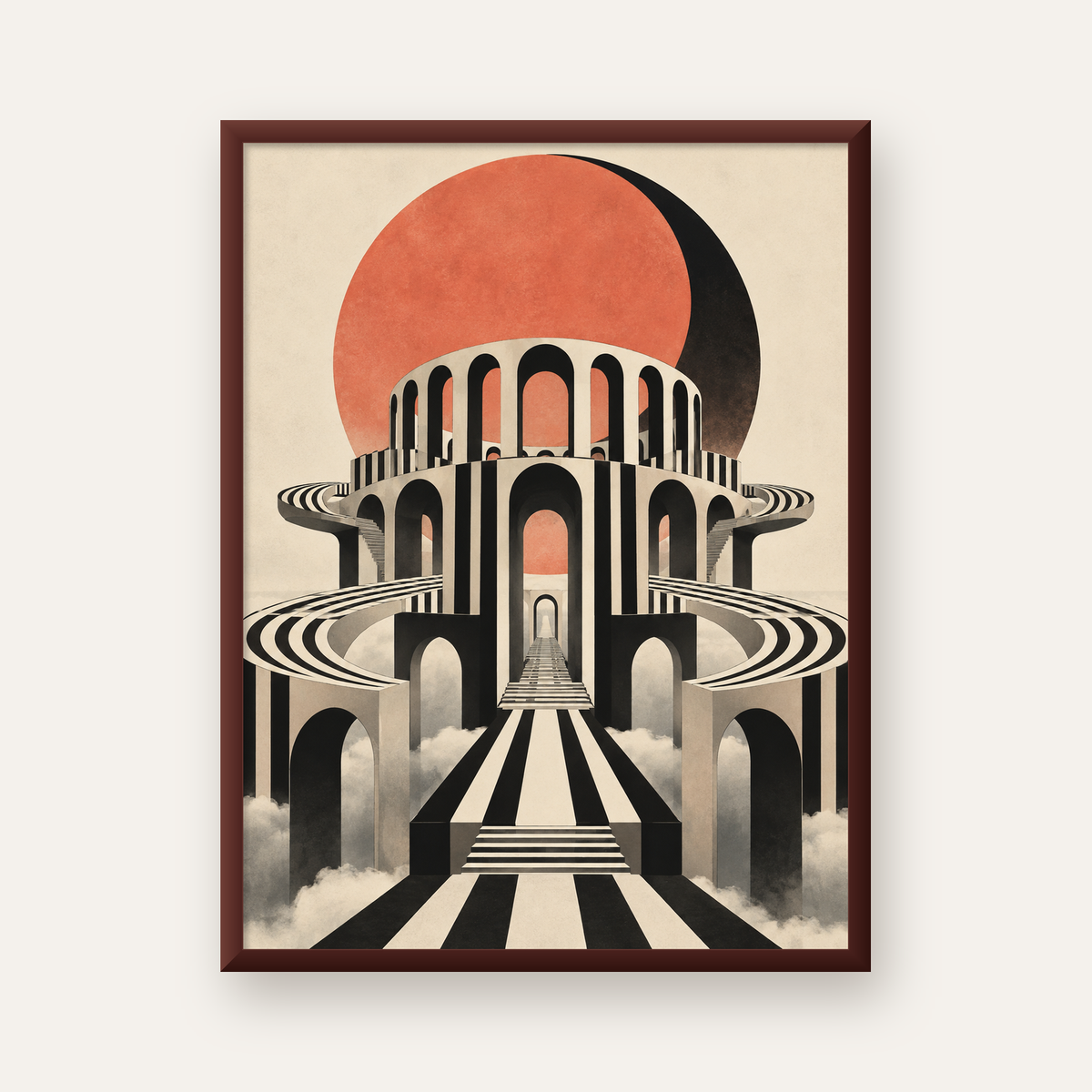 Soyut Mimari & Turuncu Güneş Dijital Sanat Poster — ceviz çerçeveli
