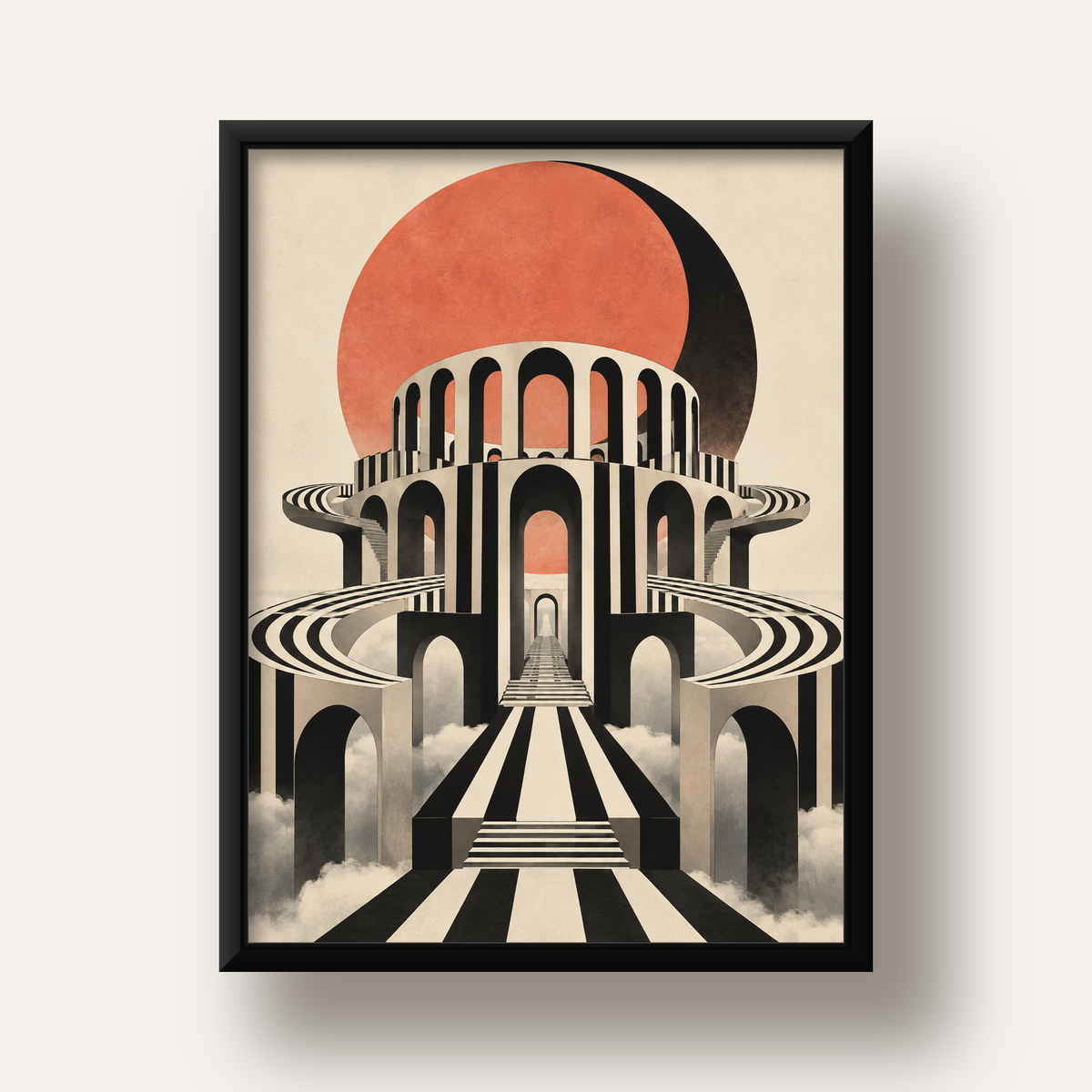 Soyut Mimari & Turuncu Güneş Dijital Sanat Poster — siyah derin çerçeveli
