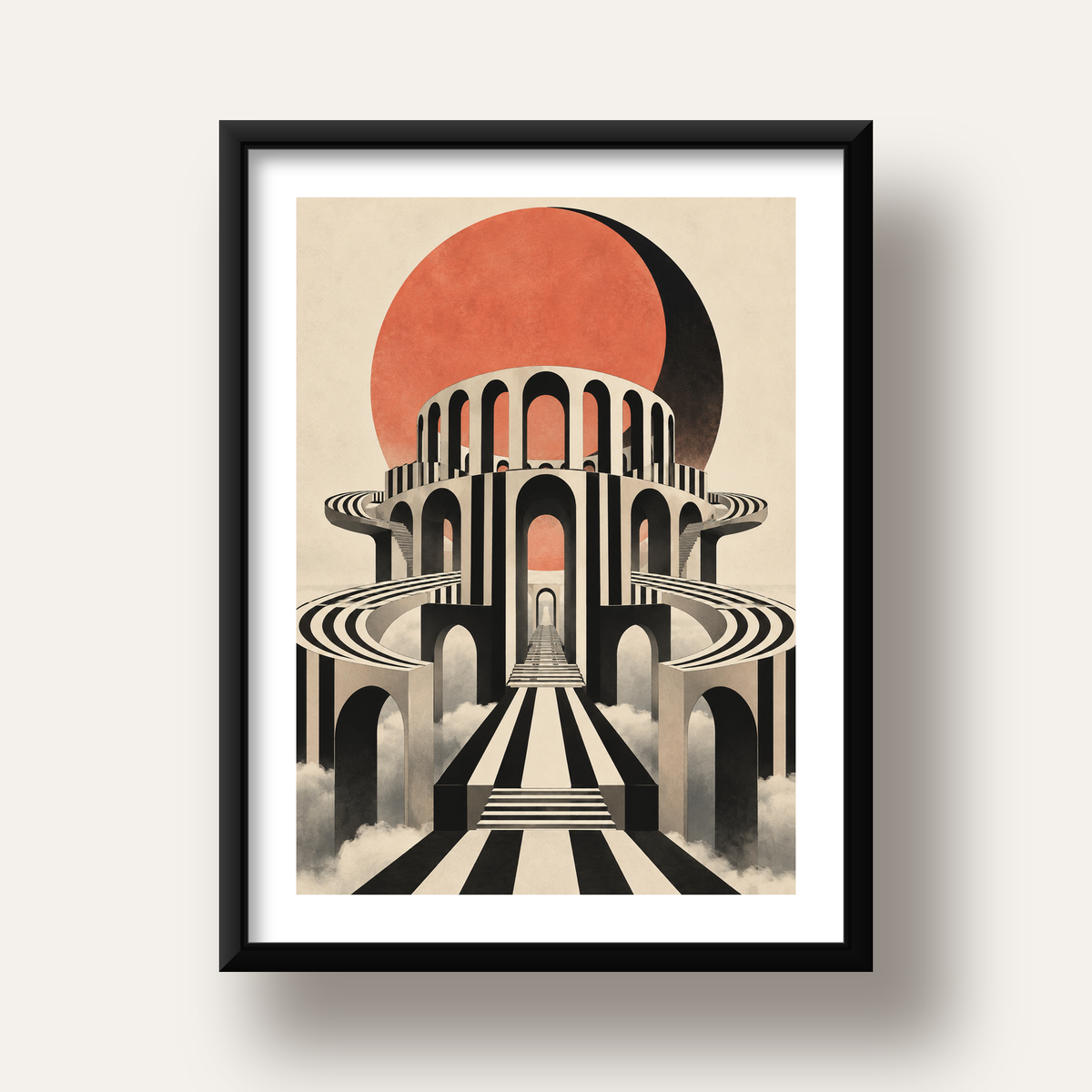 Soyut Mimari & Turuncu Güneş Dijital Sanat Poster — siyah derin çerçeveli paspartulu