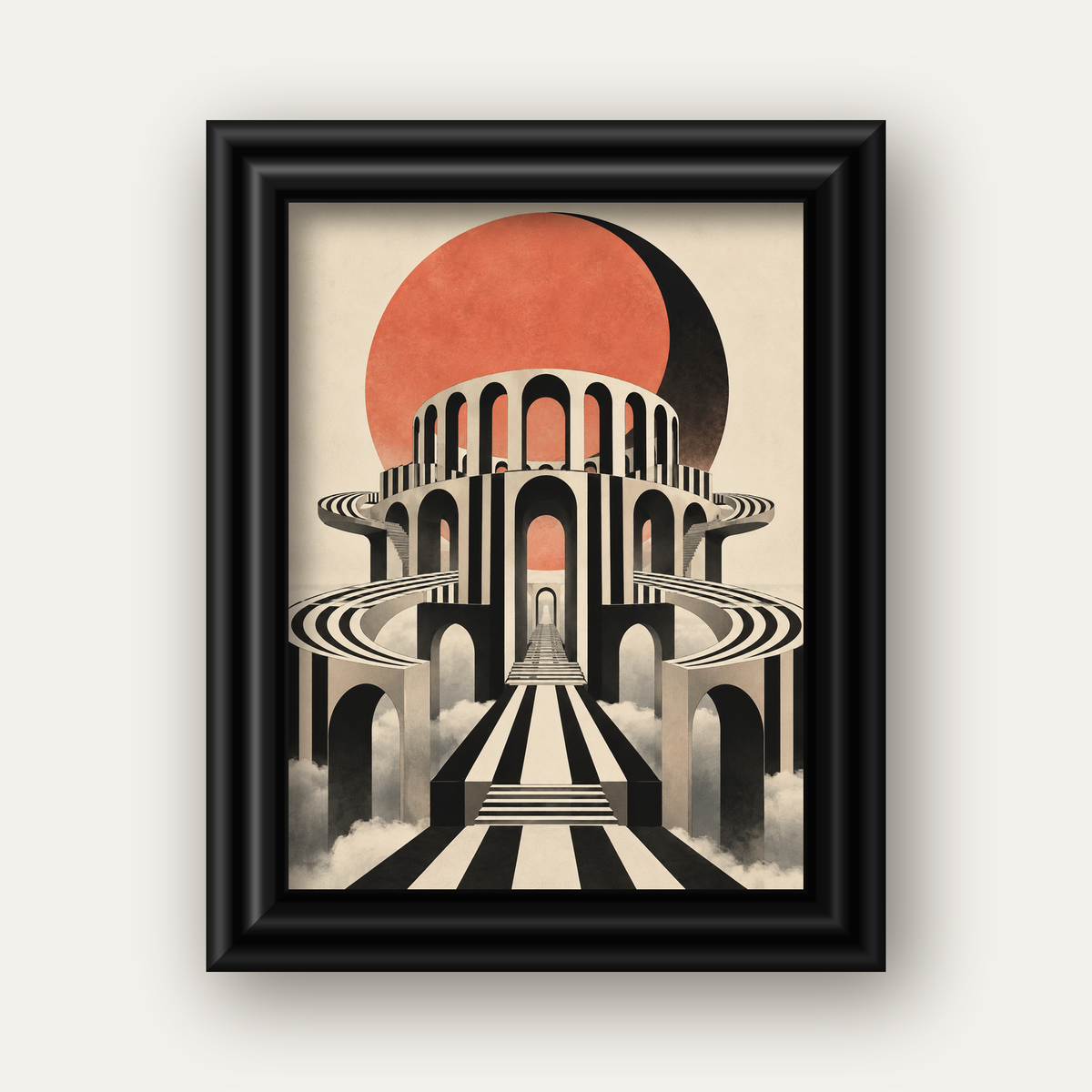Soyut Mimari & Turuncu Güneş Dijital Sanat Poster — siyah galeri çerçeveli