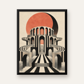 Soyut Mimari & Turuncu Güneş Dijital Sanat Poster — Dikey baskı, düz siyah çerçeveli duvar posteri