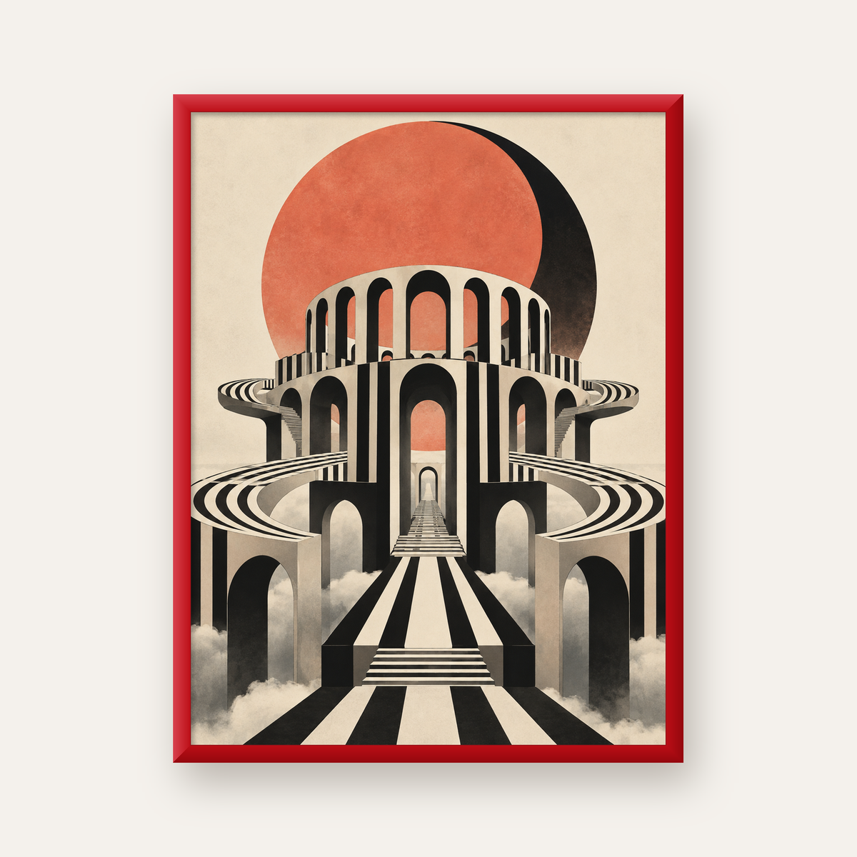Soyut Mimari & Turuncu Güneş Dijital Sanat Poster — kırmızı çerçeveli