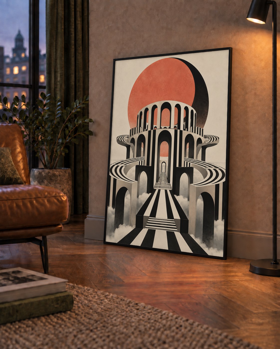 Soyut Mimari & Turuncu Güneş Dijital Sanat Poster — çerçeveli hâliyle bir ev duvarında