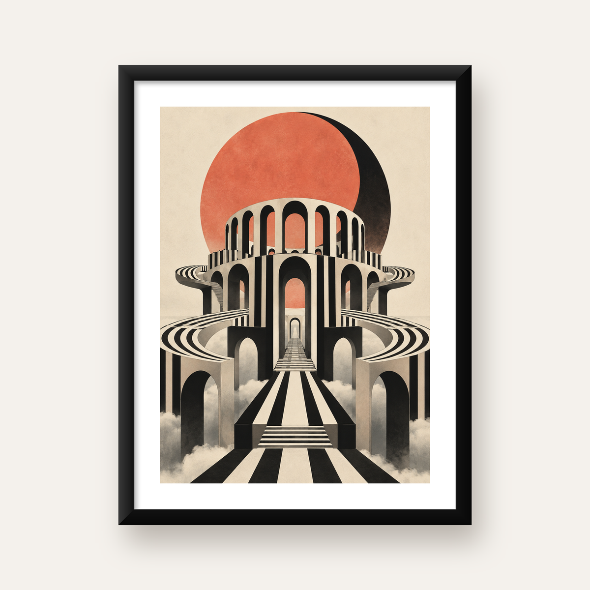 Soyut Mimari & Turuncu Güneş Dijital Sanat Poster — Dikey baskı, beyaz paspartulu