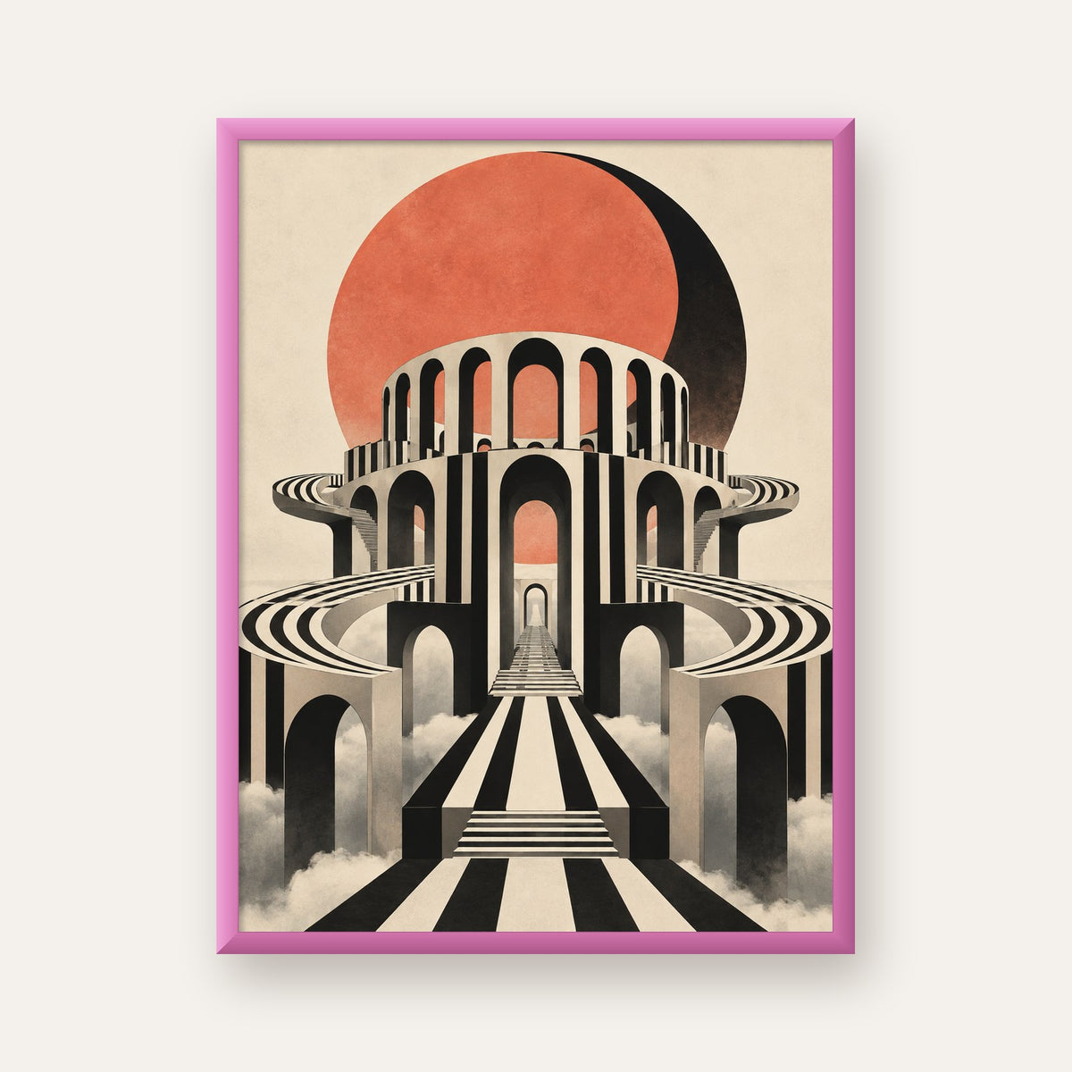 Soyut Mimari & Turuncu Güneş Dijital Sanat Poster — pembe çerçeveli