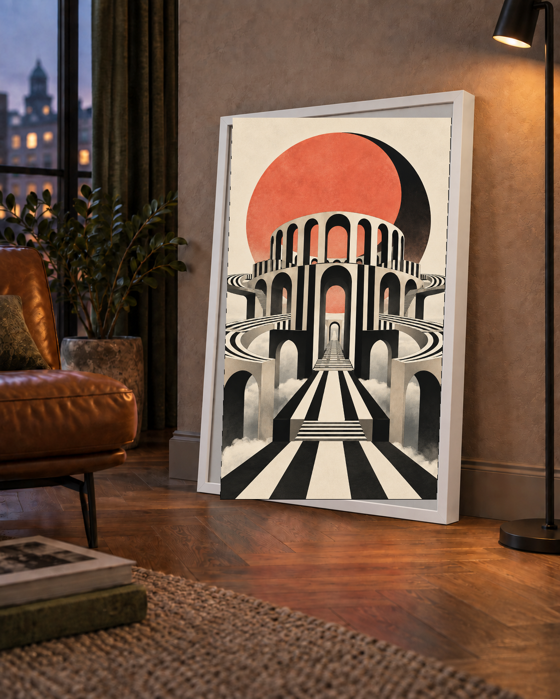 Soyut Mimari & Turuncu Güneş Dijital Sanat Poster