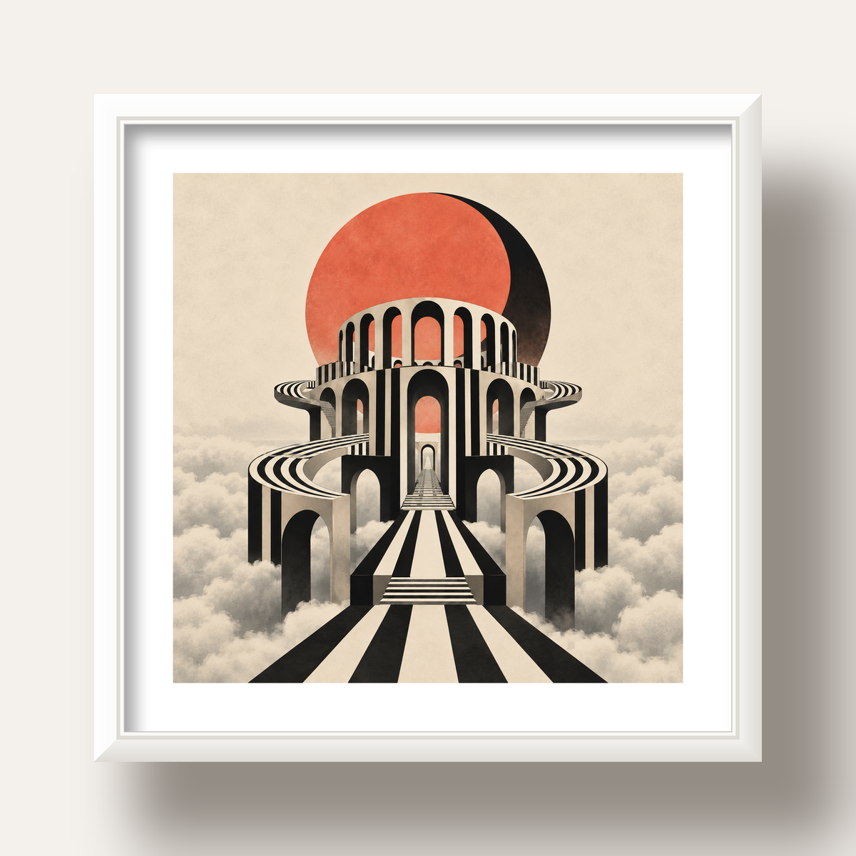 Soyut Mimari & Turuncu Güneş Dijital Sanat Poster — beyaz derin çerçeveli paspartulu