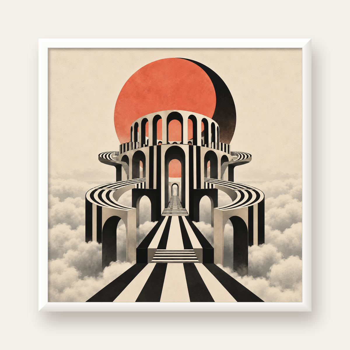 Soyut Mimari & Turuncu Güneş Dijital Sanat Poster — beyaz çerçeveli kare poster