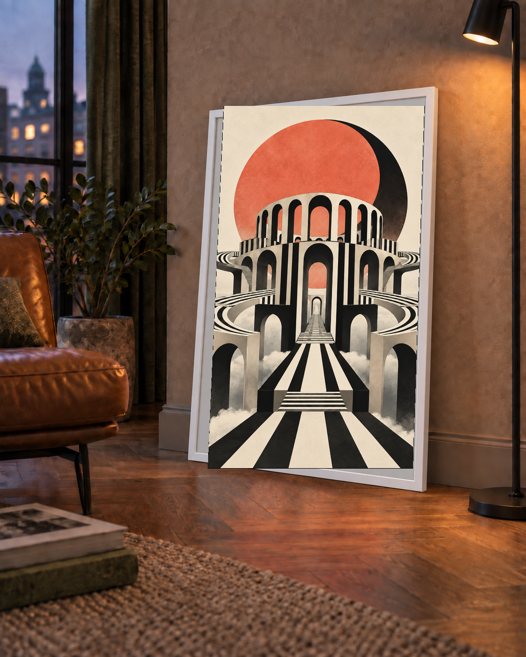 Soyut Mimari & Turuncu Güneş Dijital Sanat Poster