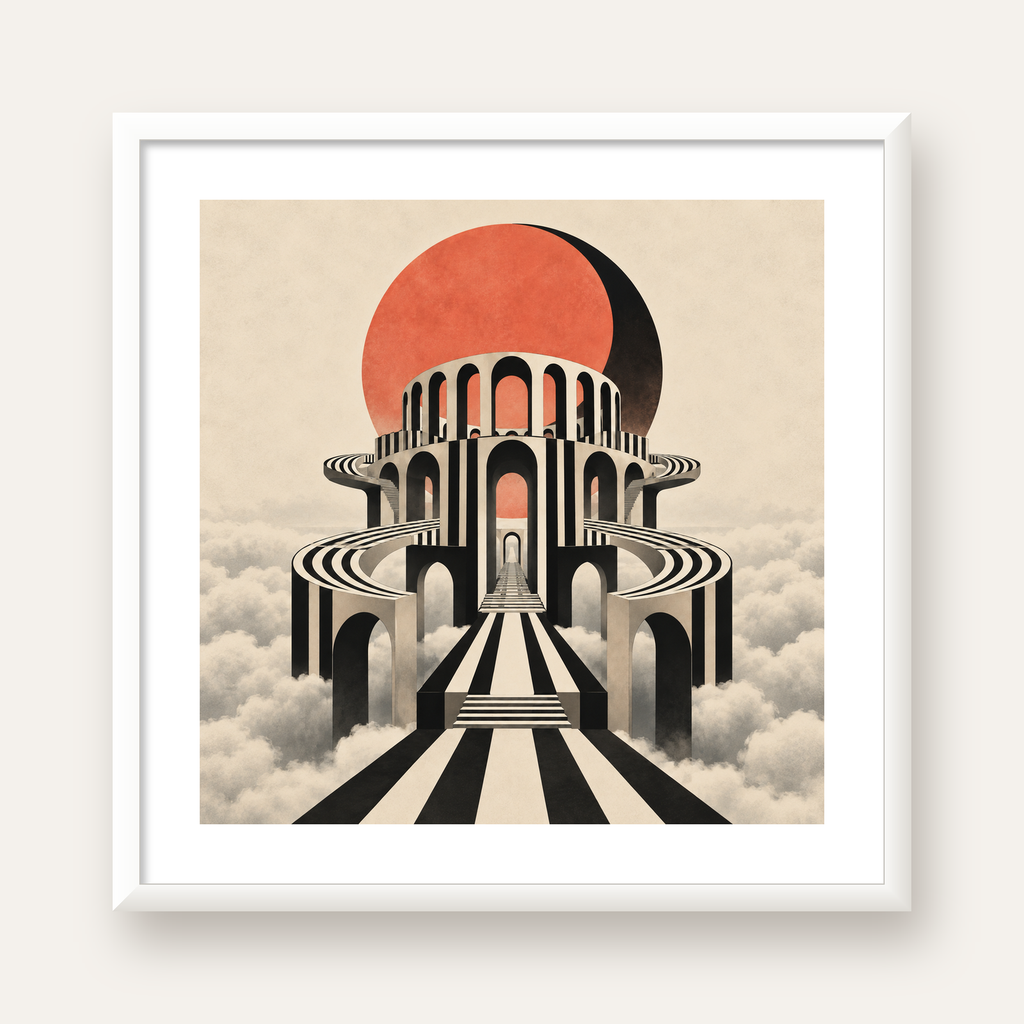 Soyut Mimari & Turuncu Güneş Dijital Sanat Poster — beyaz çerçeveli kare poster