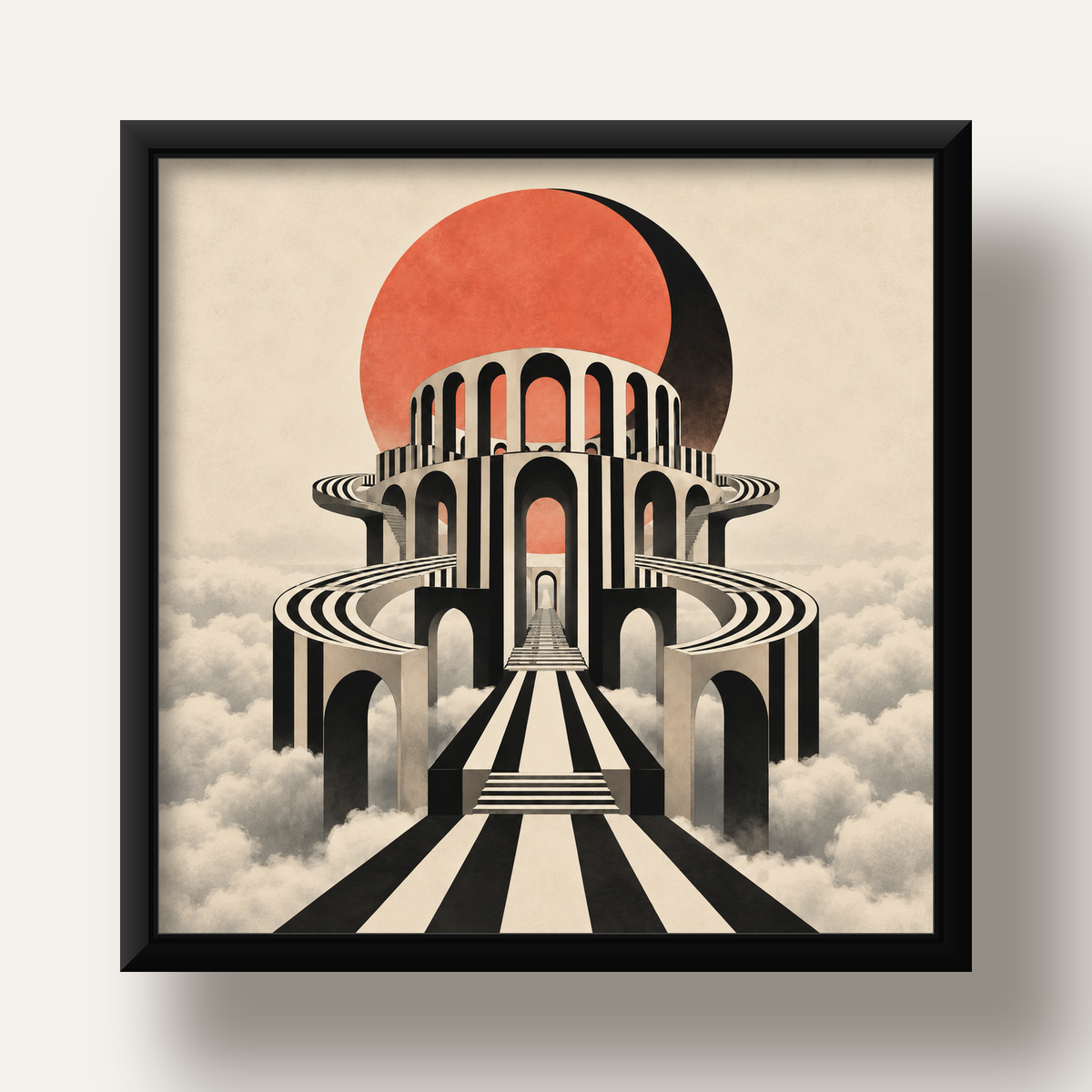 Soyut Mimari & Turuncu Güneş Dijital Sanat Poster — siyah derin çerçeveli