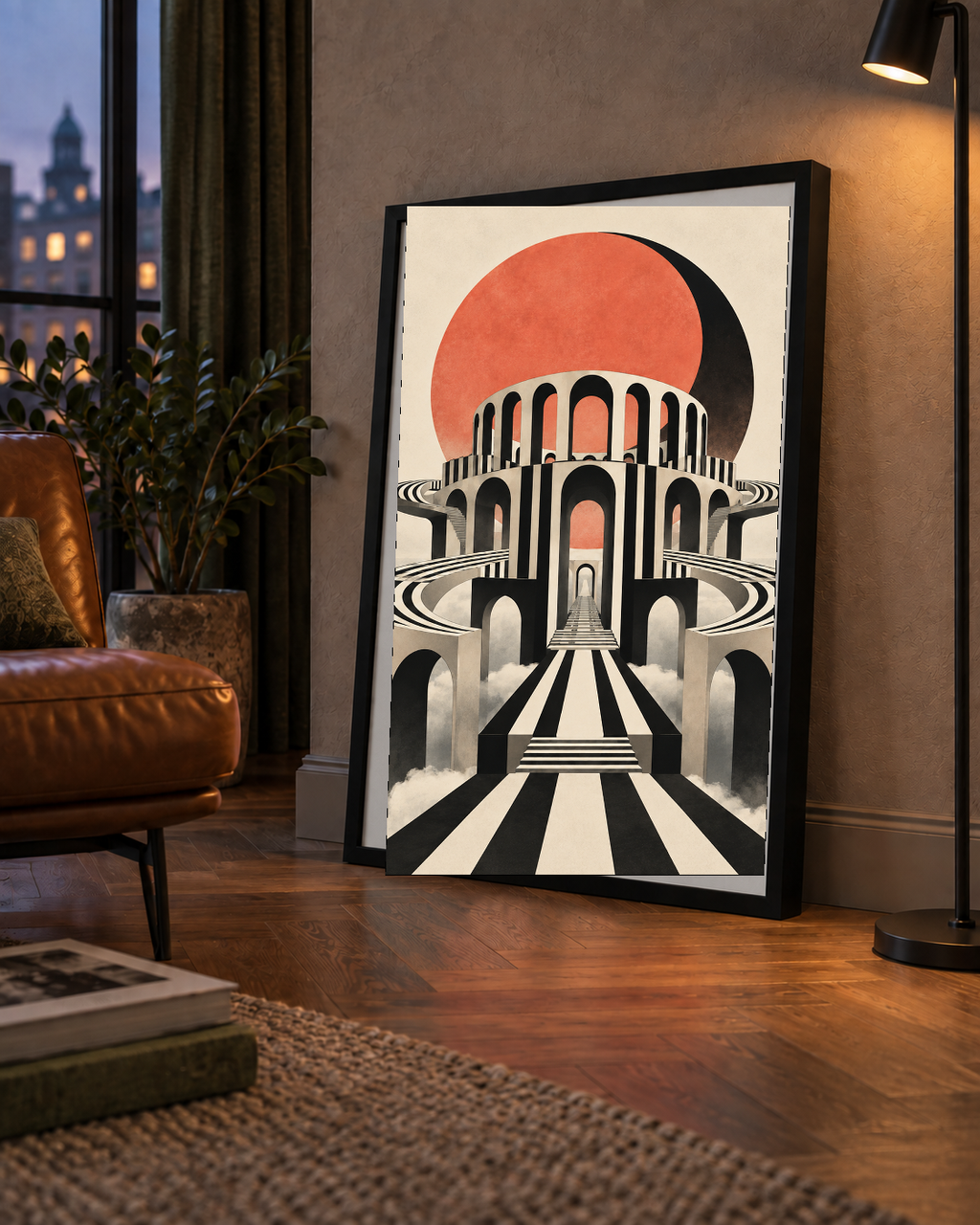 Soyut Mimari & Turuncu Güneş Dijital Sanat Poster