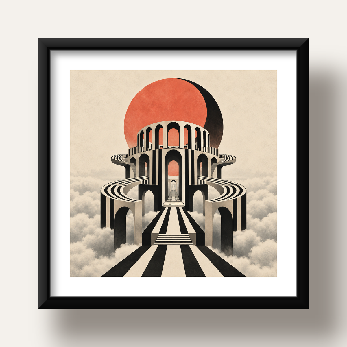 Soyut Mimari & Turuncu Güneş Dijital Sanat Poster — siyah derin çerçeveli paspartulu