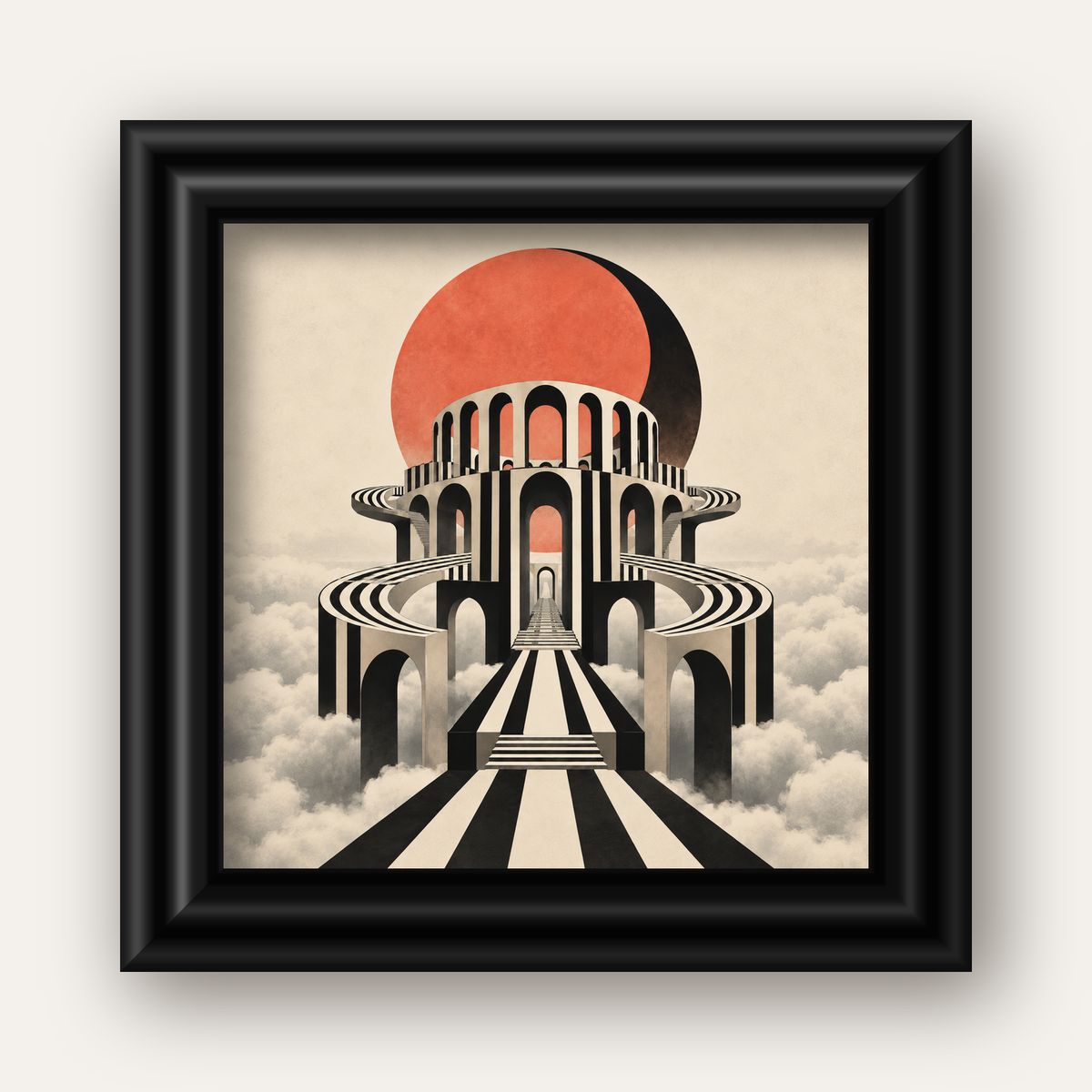 Soyut Mimari & Turuncu Güneş Dijital Sanat Poster — siyah galeri çerçeveli
