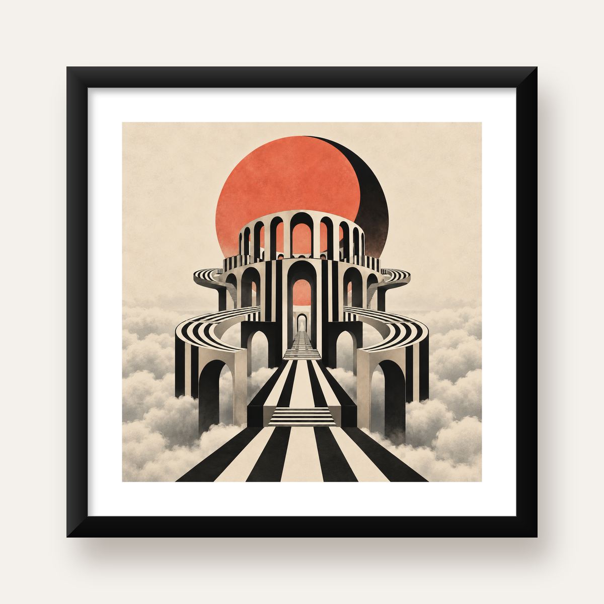 Soyut Mimari & Turuncu Güneş Dijital Sanat Poster — Kare baskı, beyaz paspartulu