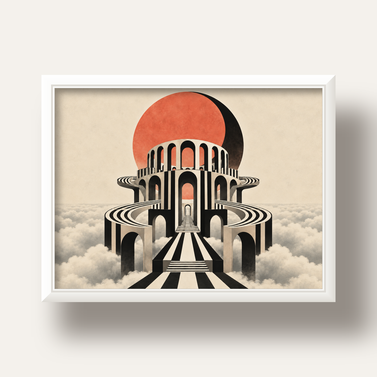 Soyut Mimari & Turuncu Güneş Dijital Sanat Poster — beyaz derin çerçeveli