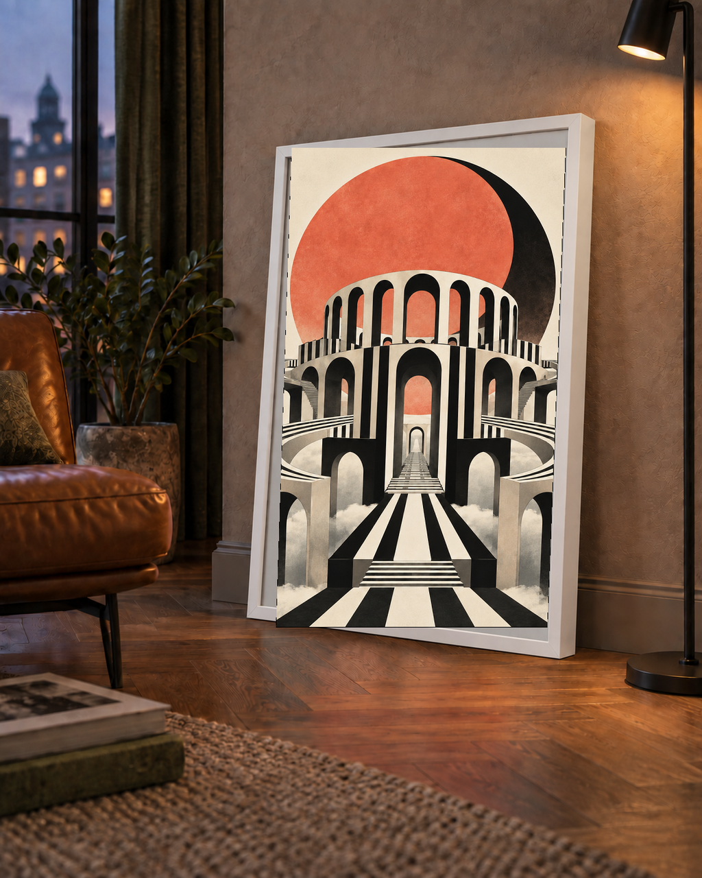 Soyut Mimari & Turuncu Güneş Dijital Sanat Poster