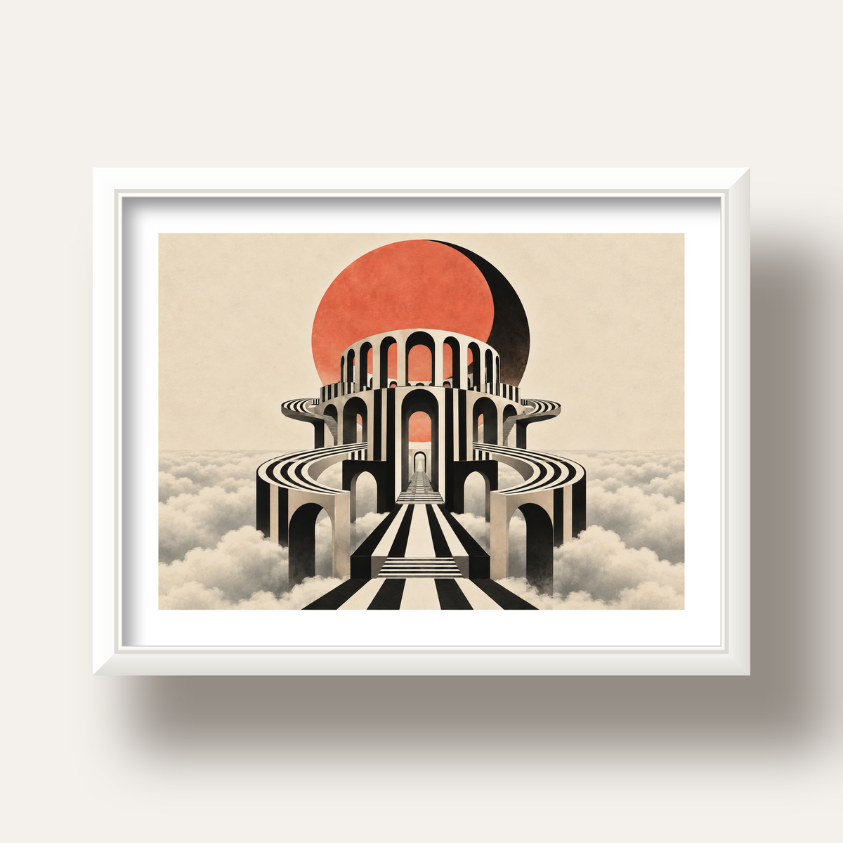 Soyut Mimari & Turuncu Güneş Dijital Sanat Poster — beyaz derin çerçeveli paspartulu