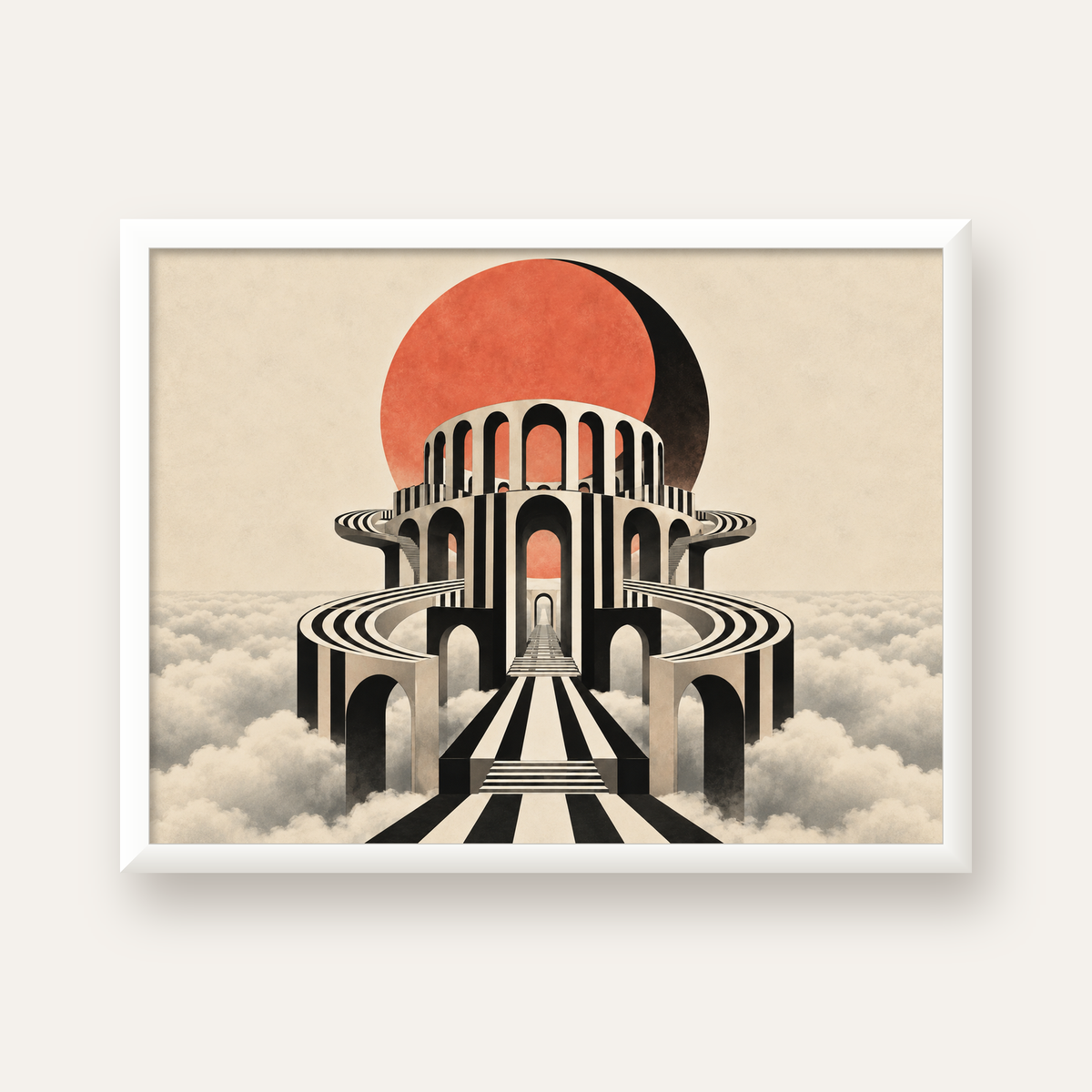Soyut Mimari & Turuncu Güneş Dijital Sanat Poster — beyaz çerçeveli yatay poster