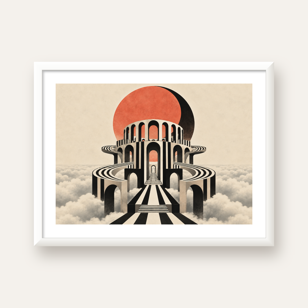 Soyut Mimari & Turuncu Güneş Dijital Sanat Poster — beyaz çerçeveli yatay poster