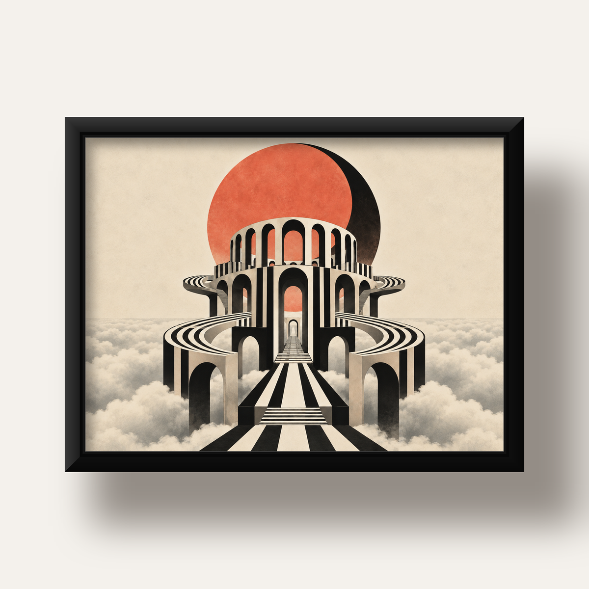 Soyut Mimari & Turuncu Güneş Dijital Sanat Poster — siyah derin çerçeveli