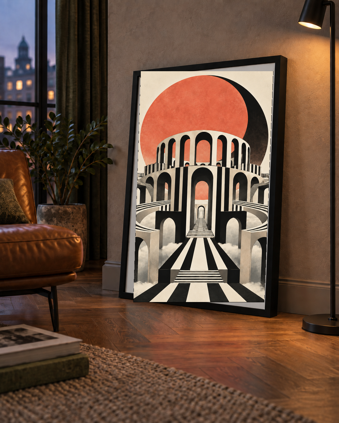 Soyut Mimari & Turuncu Güneş Dijital Sanat Poster